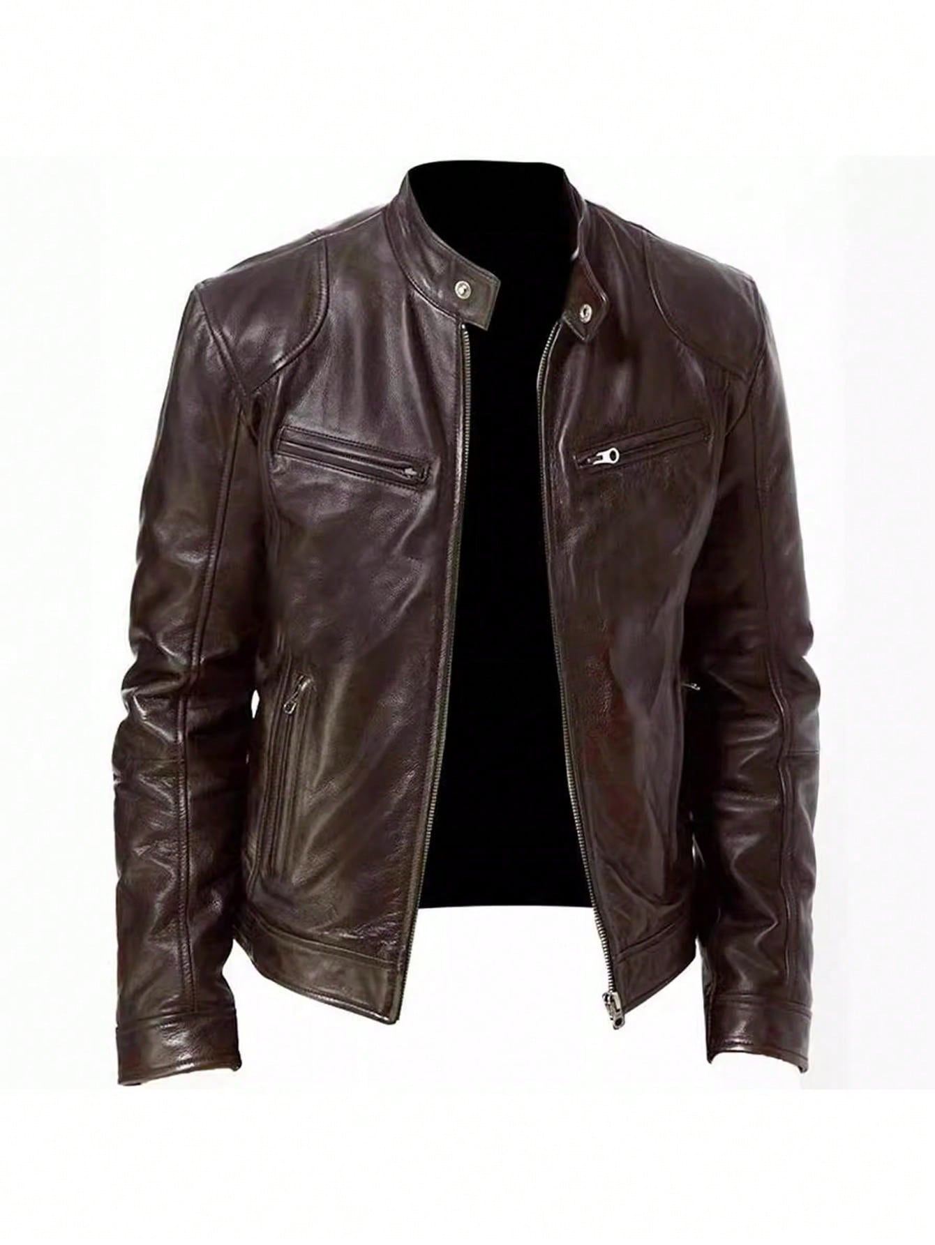 Men's Solid Color PU Jacket Zipper Fashion Leather Jacket