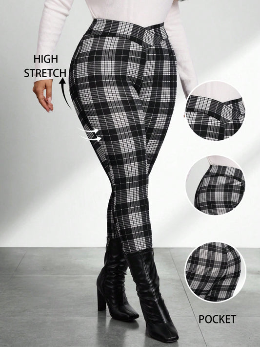 Privé Plus Size Elegant V-Waist Slim Long Commuter Black & White Striped Retro Academic Teacher Work Pants, Afternoon Tea Casual Outdoor School Going Trousers