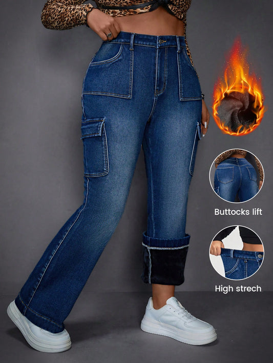 ICON Blue Plus Size Jeans Workwear Bell Bottoms Plus Velvet Lined For Added Warmth Thermal Denim