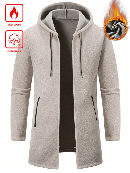 Manfinity Homme Plus Size Men's Open Front Cardigan, Warm Knitted Jacket, Mid-Length Coat