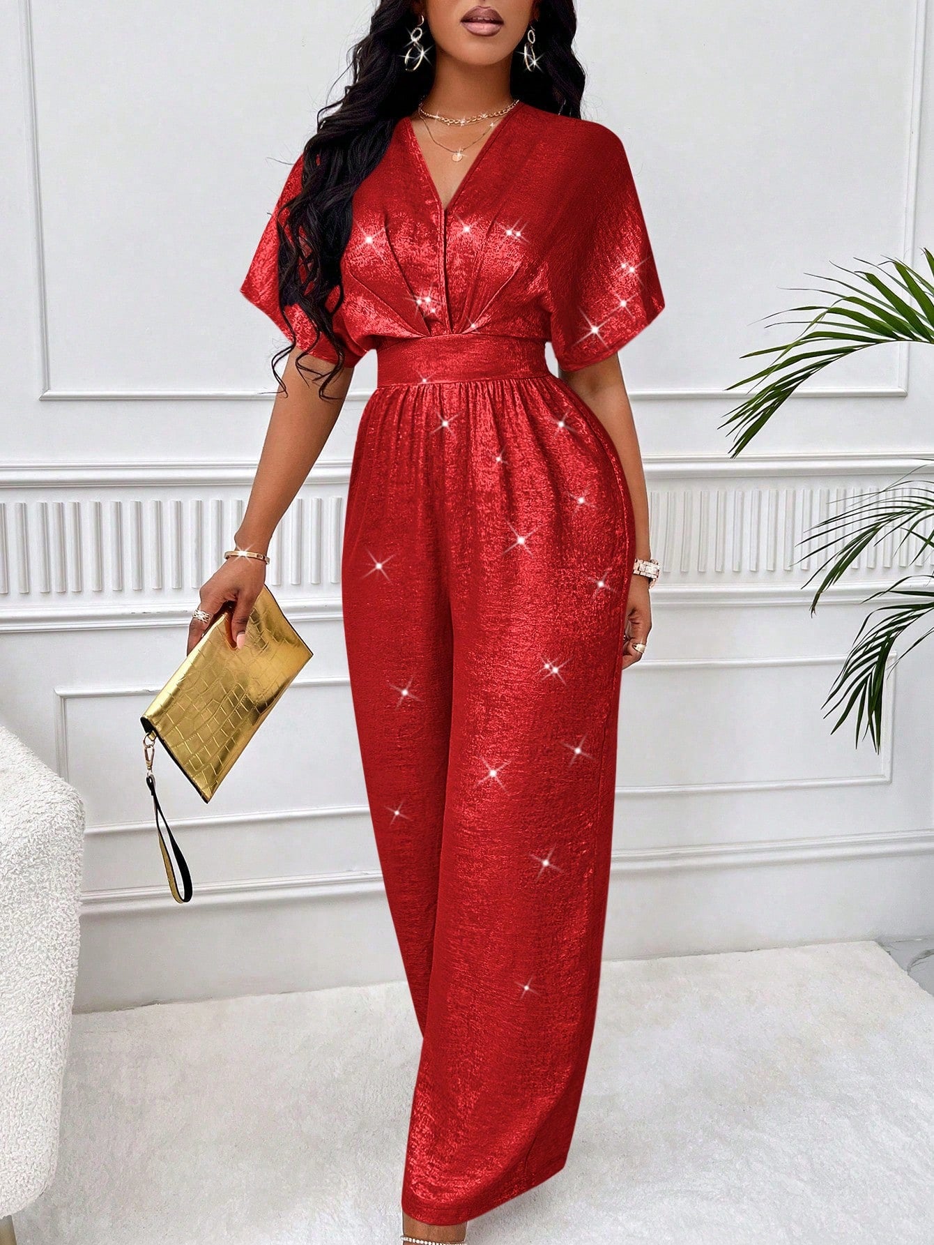 Slayr Allover Glossy Glitter Fabric, Elegant And Casual For Commuting, Batwing Sleeved Belted Jumpsuit