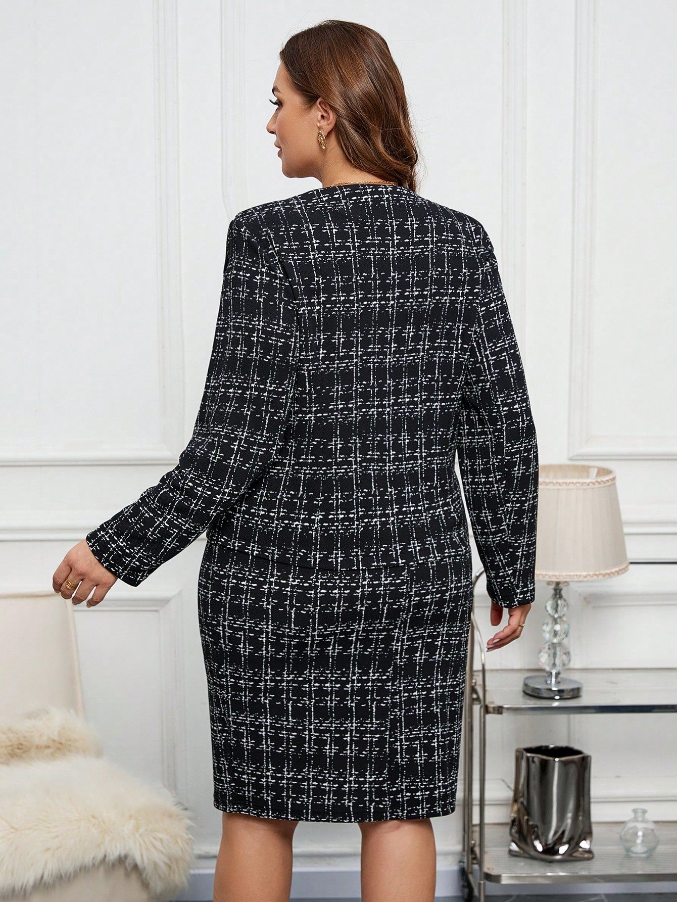 Clasi Plus Size Elegant Plaid Blazer And Skirt Two-Piece Set, Autumn