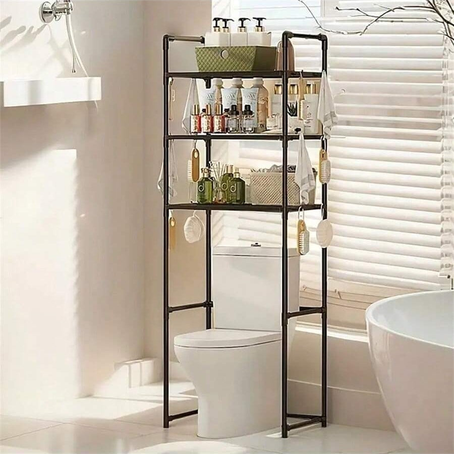 1pc 3-Tier Toilet Storage Shelf, Easy Installation, Standalone Bathroom Organizer Rack, Available In White/Black