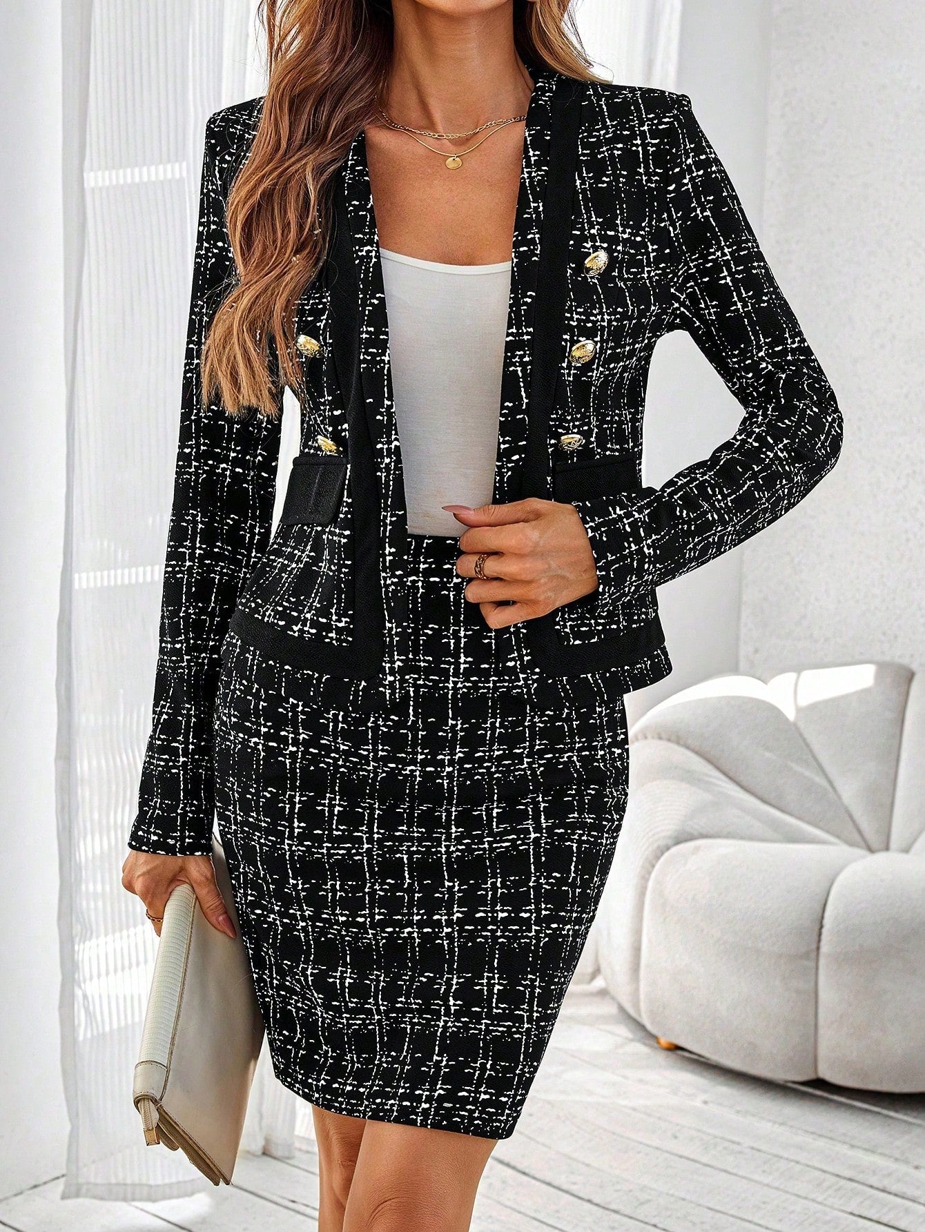 Clasi Plus Size Elegant Plaid Blazer And Skirt Two-Piece Set, Autumn