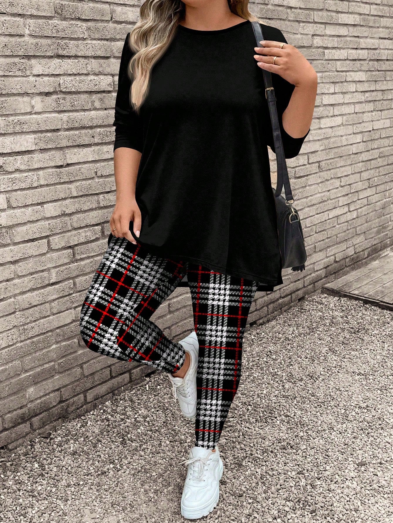 LUNE 2pcs/Set Plaid Print Plus Size Women Casual Long Sleeve T-Shirt And Yoga Pants Suit, Suitable For Autumn And Winter, For Thanksgiving