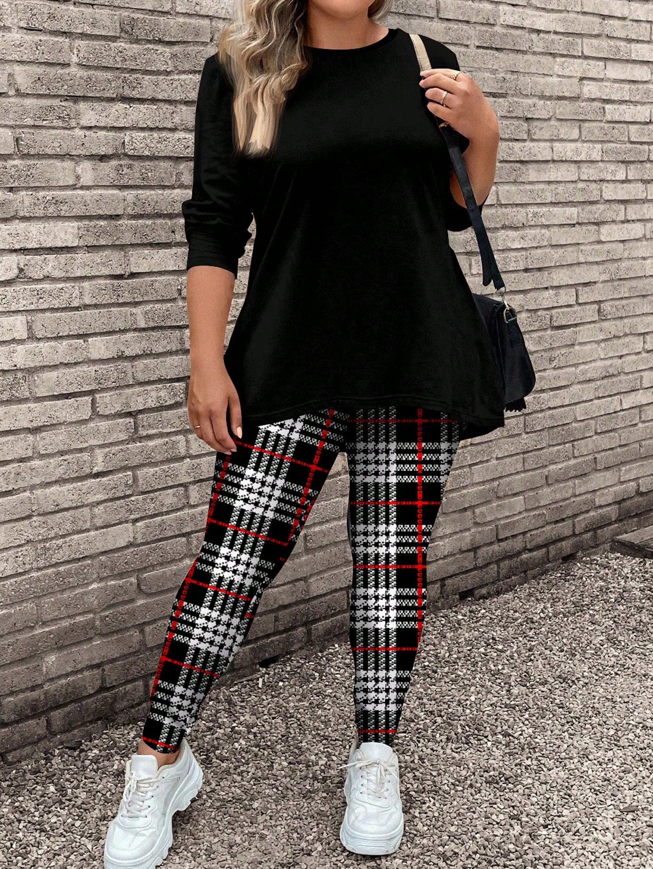 LUNE 2pcs/Set Plaid Print Plus Size Women Casual Long Sleeve T-Shirt And Yoga Pants Suit, Suitable For Autumn And Winter, For Thanksgiving