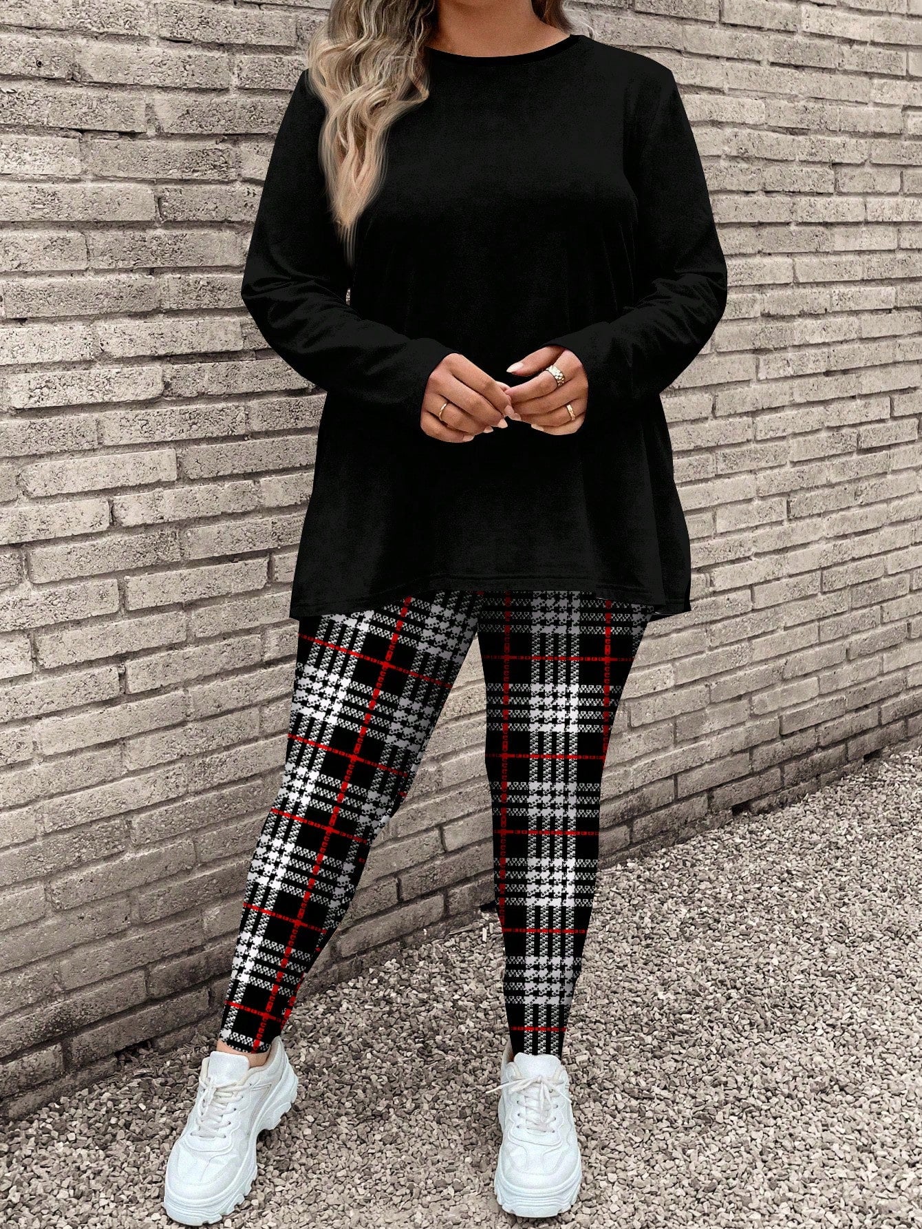 LUNE 2pcs/Set Plaid Print Plus Size Women Casual Long Sleeve T-Shirt And Yoga Pants Suit, Suitable For Autumn And Winter, For Thanksgiving