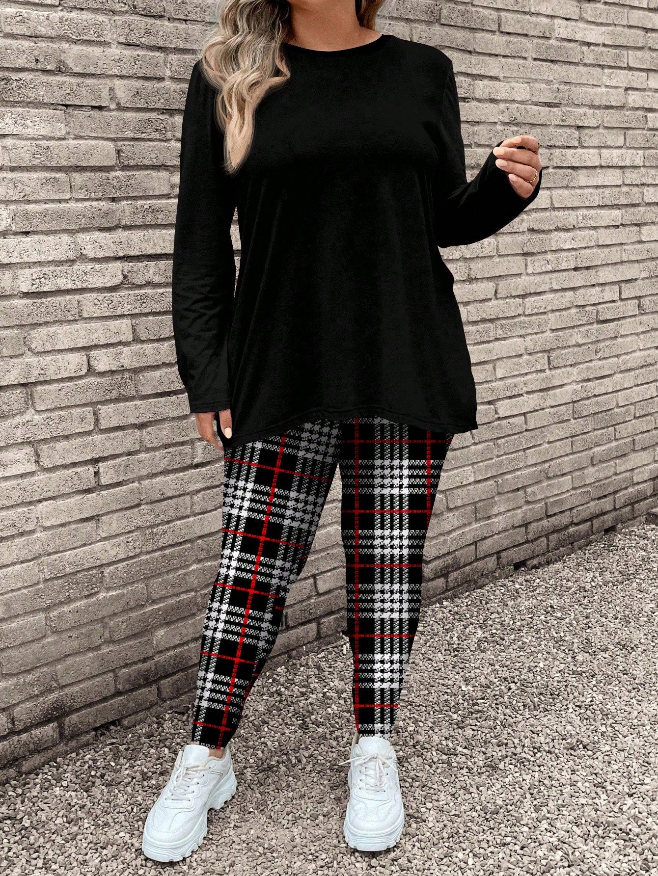 LUNE 2pcs/Set Plaid Print Plus Size Women Casual Long Sleeve T-Shirt And Yoga Pants Suit, Suitable For Autumn And Winter, For Thanksgiving