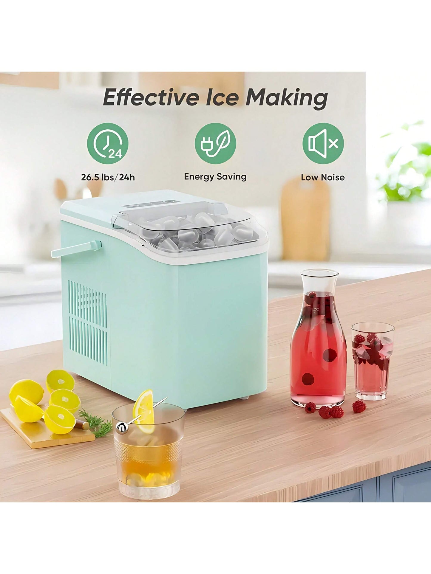 Countertop Ice Maker Machine With Handle, 26lbs In 24Hrs, 9 Ice Cubes Ready In 6 Mins, Auto-Cleaning Portable Ice Maker For Home/Kitchen/Camping,Countertop Ice Maker, Nugget Portable Ice Machine, 9 Bullet Ice Cubes In 6 Mins, 26.5lbs In 24Hrs Self-Cleani