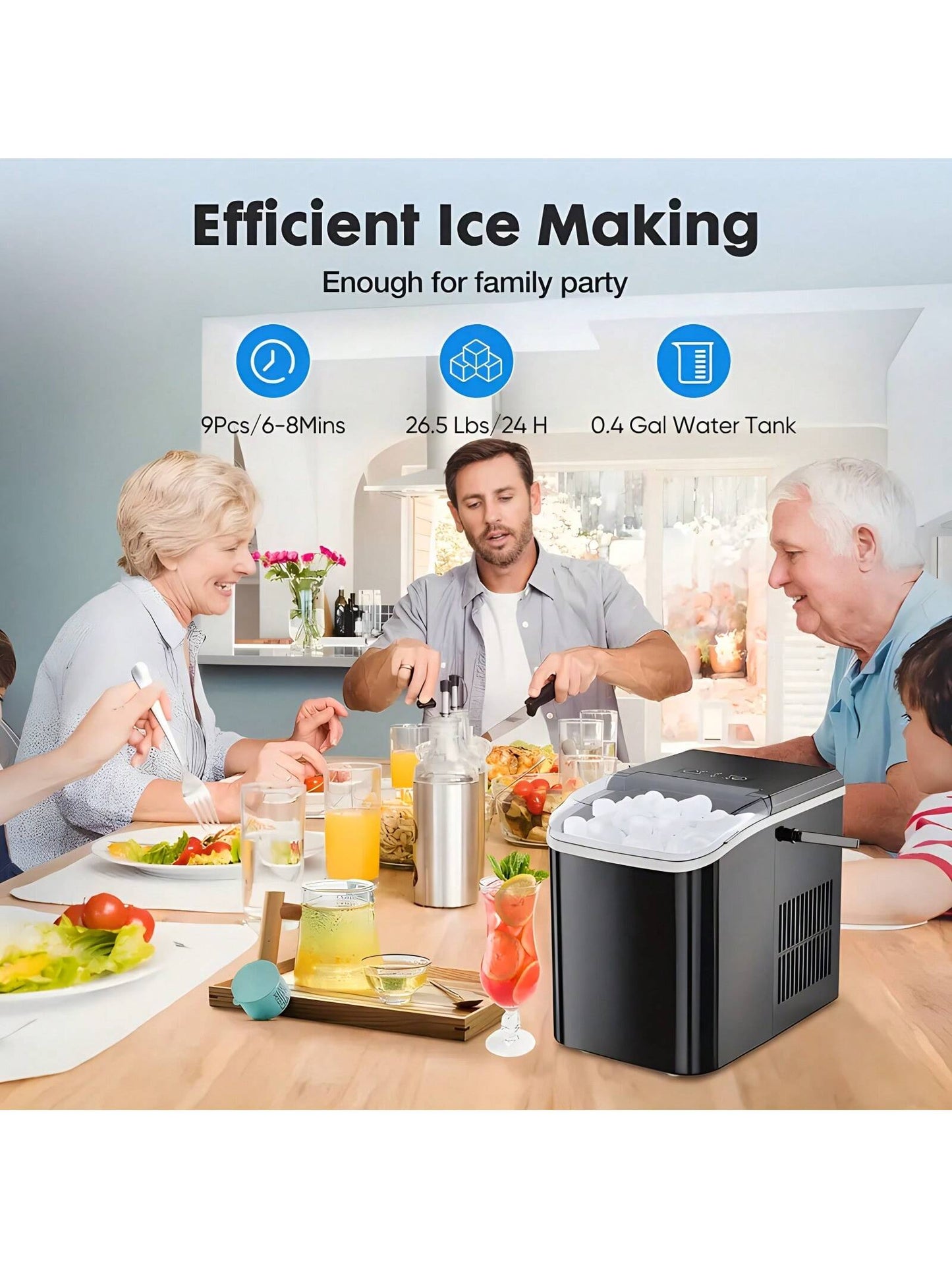 Countertop Ice Maker Machine With Handle, 26lbs In 24Hrs, 9 Ice Cubes Ready In 6 Mins, Auto-Cleaning Portable Ice Maker For Home/Kitchen/Camping,Countertop Ice Maker, Nugget Portable Ice Machine, 9 Bullet Ice Cubes In 6 Mins, 26.5lbs In 24Hrs Self-Cleani