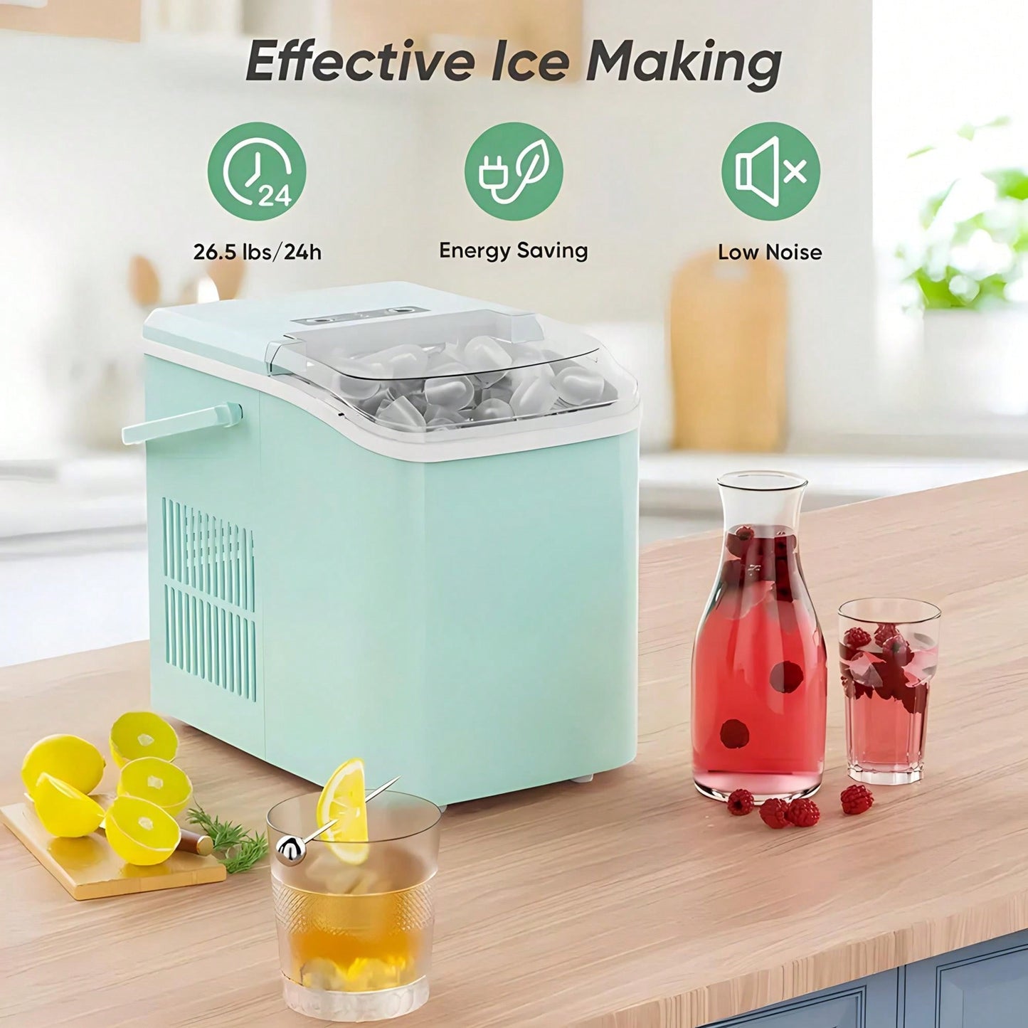 Countertop Ice Maker Machine With Handle, 26lbs In 24Hrs, 9 Ice Cubes Ready In 6 Mins, Auto-Cleaning Portable Ice Maker For Home/Kitchen/Camping,Countertop Ice Maker, Nugget Portable Ice Machine, 9 Bullet Ice Cubes In 6 Mins, 26.5lbs In 24Hrs Self-Cleani