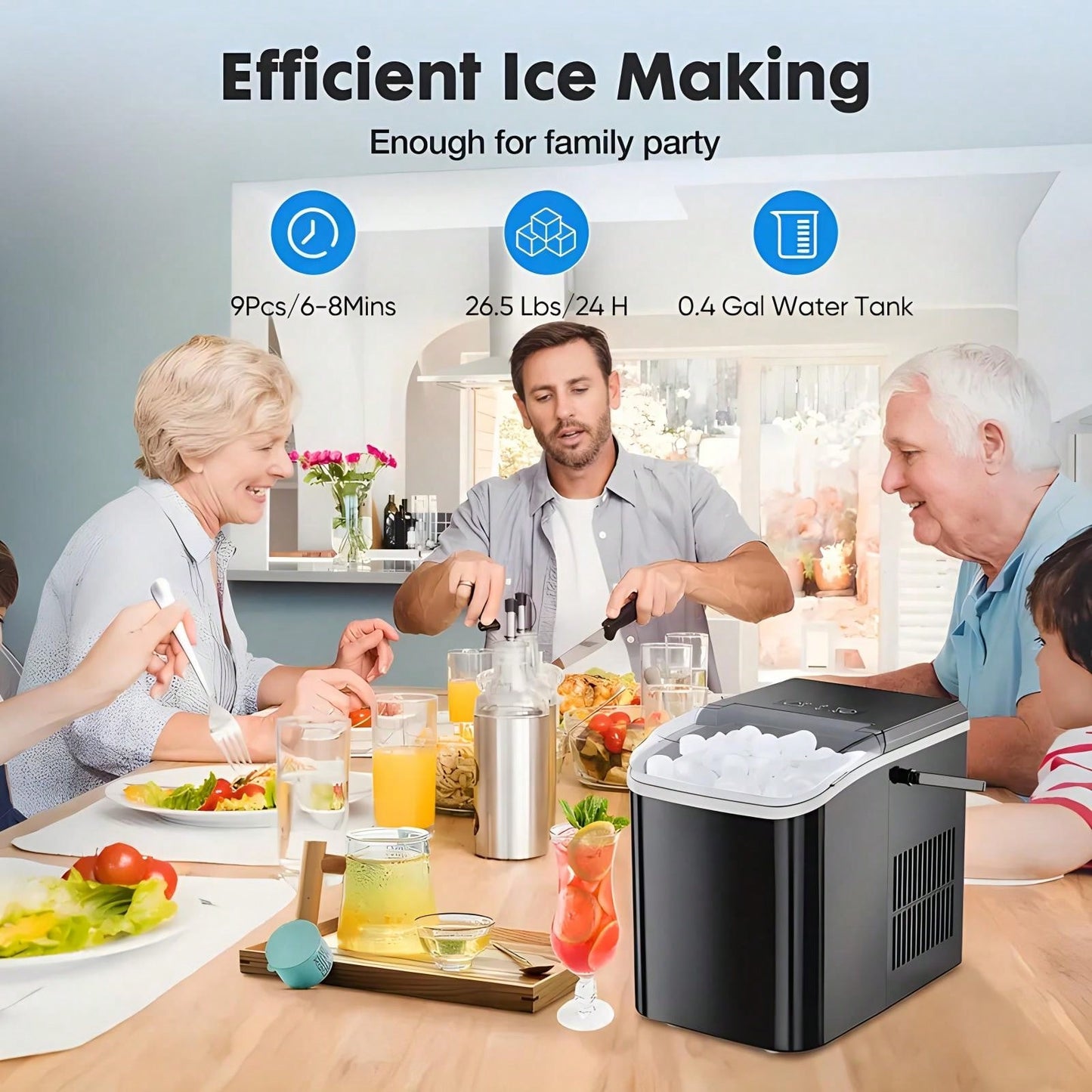 Countertop Ice Maker Machine With Handle, 26lbs In 24Hrs, 9 Ice Cubes Ready In 6 Mins, Auto-Cleaning Portable Ice Maker For Home/Kitchen/Camping,Countertop Ice Maker, Nugget Portable Ice Machine, 9 Bullet Ice Cubes In 6 Mins, 26.5lbs In 24Hrs Self-Cleani