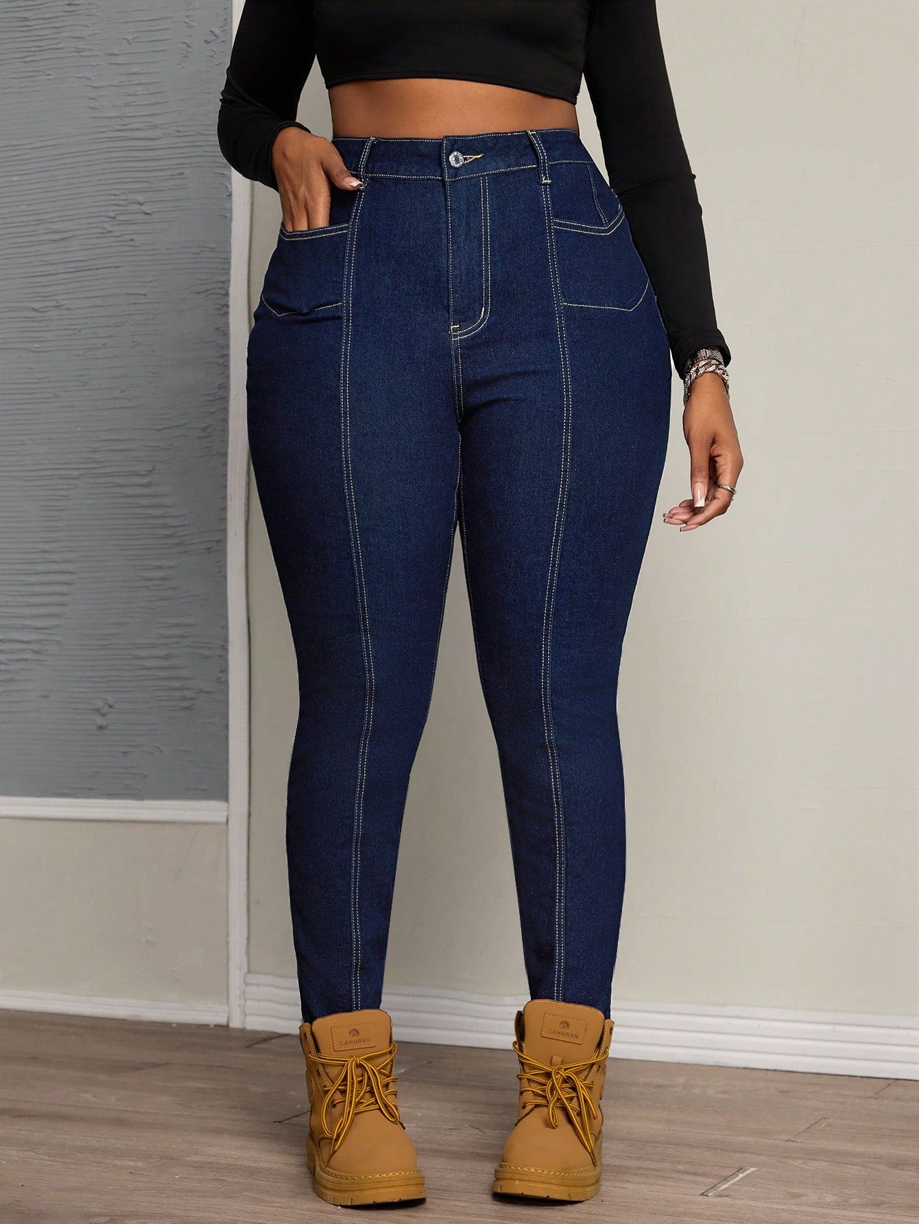 SXY Plus Size Stretch Denim Jeans With Symmetrical Paneled Design