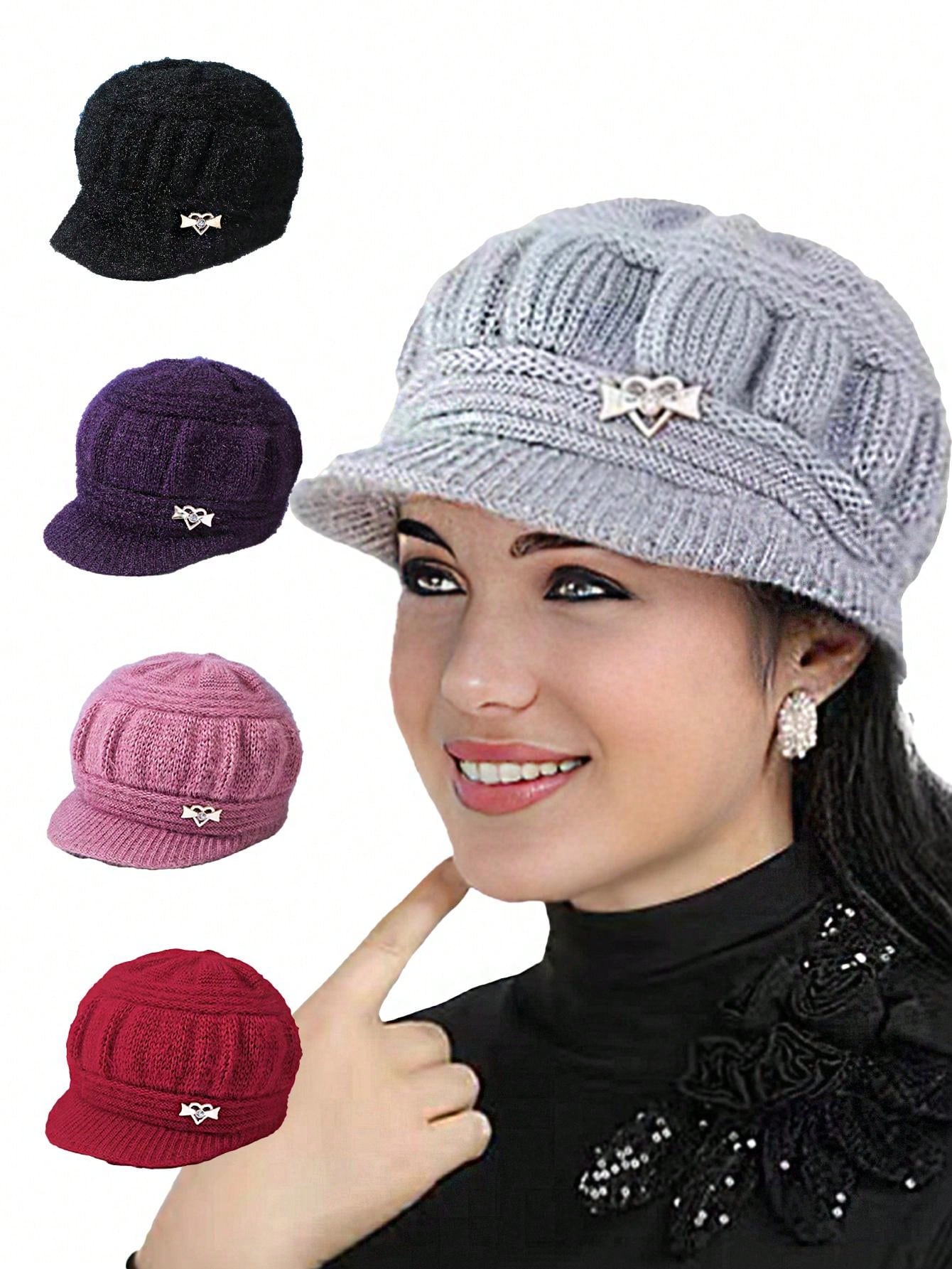 1pc Women's Knitted Hat, Thick With Brim For Winter, Breathable And Warm Knit Cap, Made Of Polyester, Hand Wash Or Dry Clean, Stretchy, Fashion Accessory