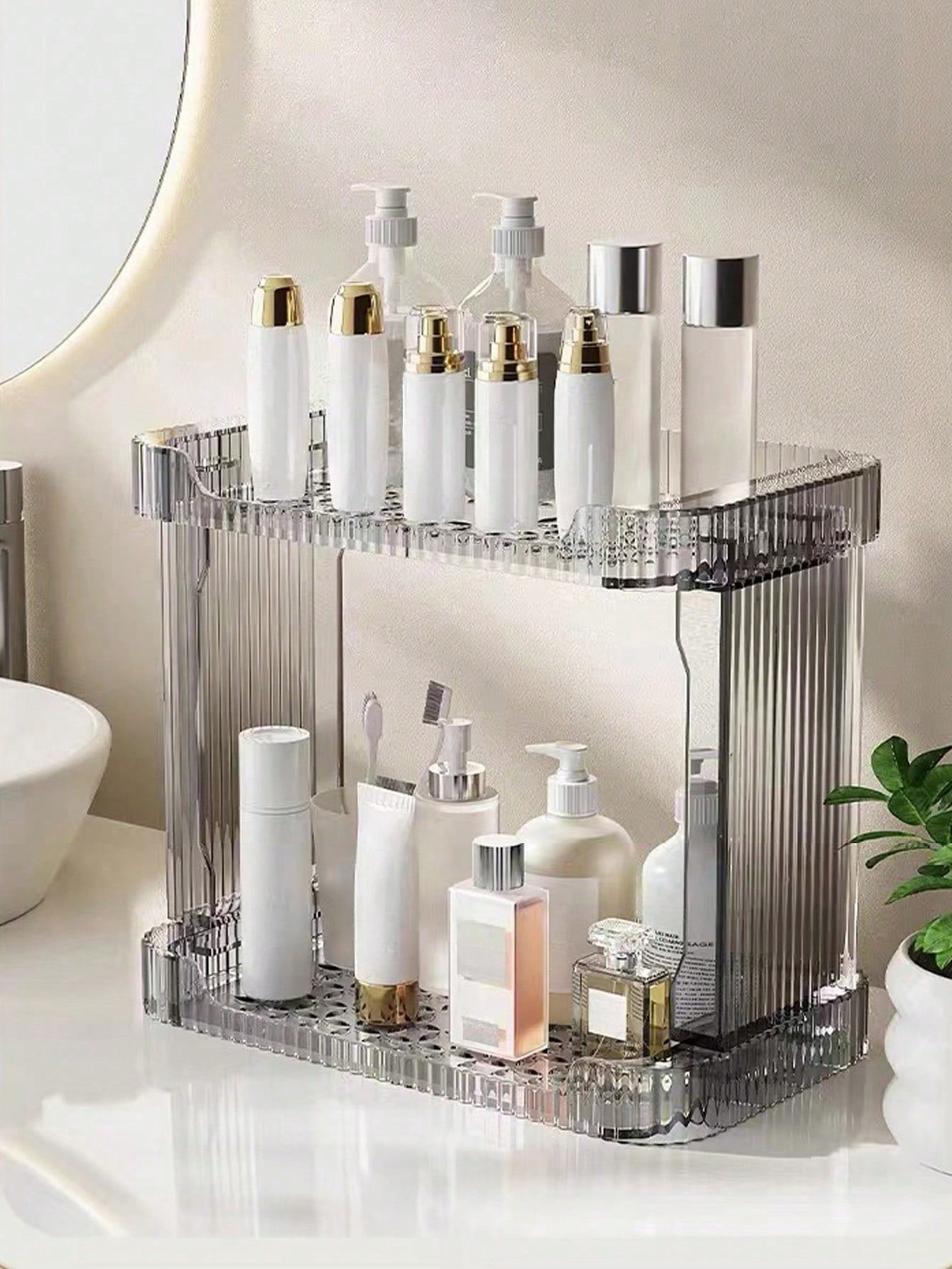 1pc High-Grade Bathroom Vanity Cosmetic Perfume Storage Rack, Two-Layer Storage Shelf For Dressing Table, Home Skin Care Product Storage Box, Simple Transparent Storage Box, Dressing Table Organizer, Large-Capacity Skin Care Shelf,