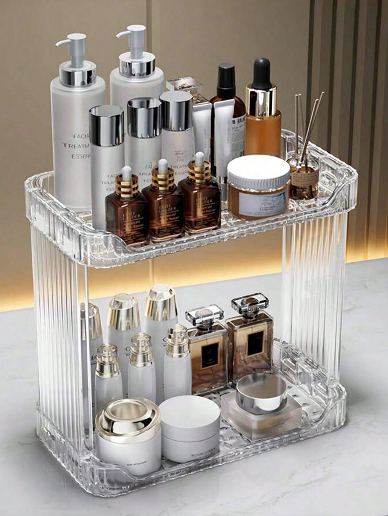 1pc High-Grade Bathroom Vanity Cosmetic Perfume Storage Rack, Two-Layer Storage Shelf For Dressing Table, Home Skin Care Product Storage Box, Simple Transparent Storage Box, Dressing Table Organizer, Large-Capacity Skin Care Shelf,