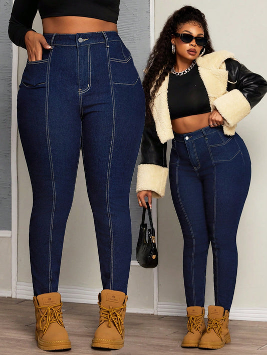 SXY Plus Size Stretch Denim Jeans With Symmetrical Paneled Design