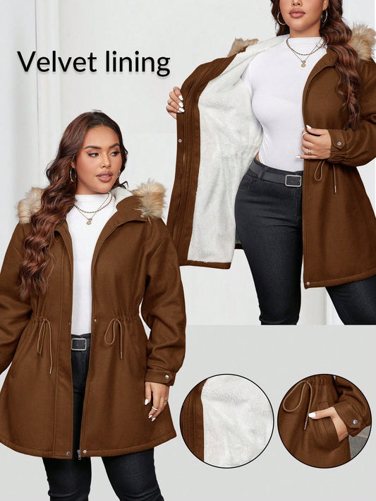 LUNE Plus Size Hooded Fuzzy Drawstring Long Sleeve Waisted Furry Collar Jacket Winter Clothes