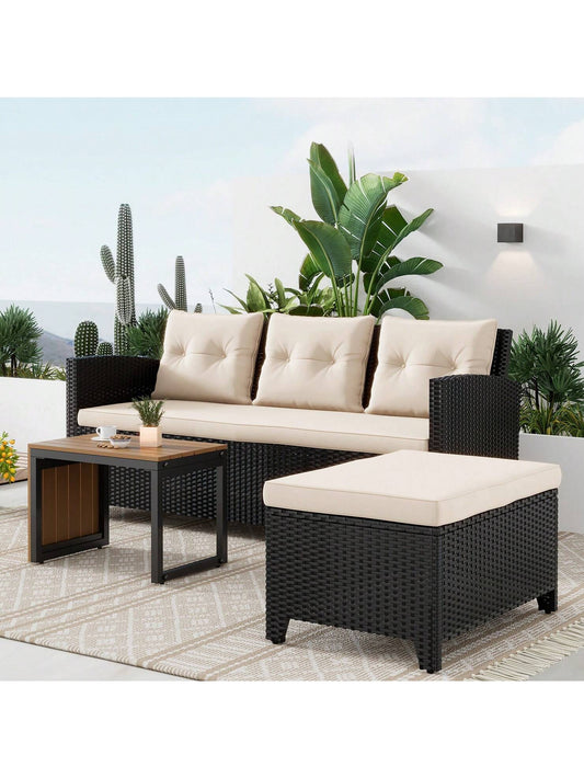 Patio Furniture Sectional Sofa Set – 3 Piece All Weather Black Resin Wicker Outdoor Conversation Set Beige Washable Cushions & Coffee Table | Garden | Backyard | Pool