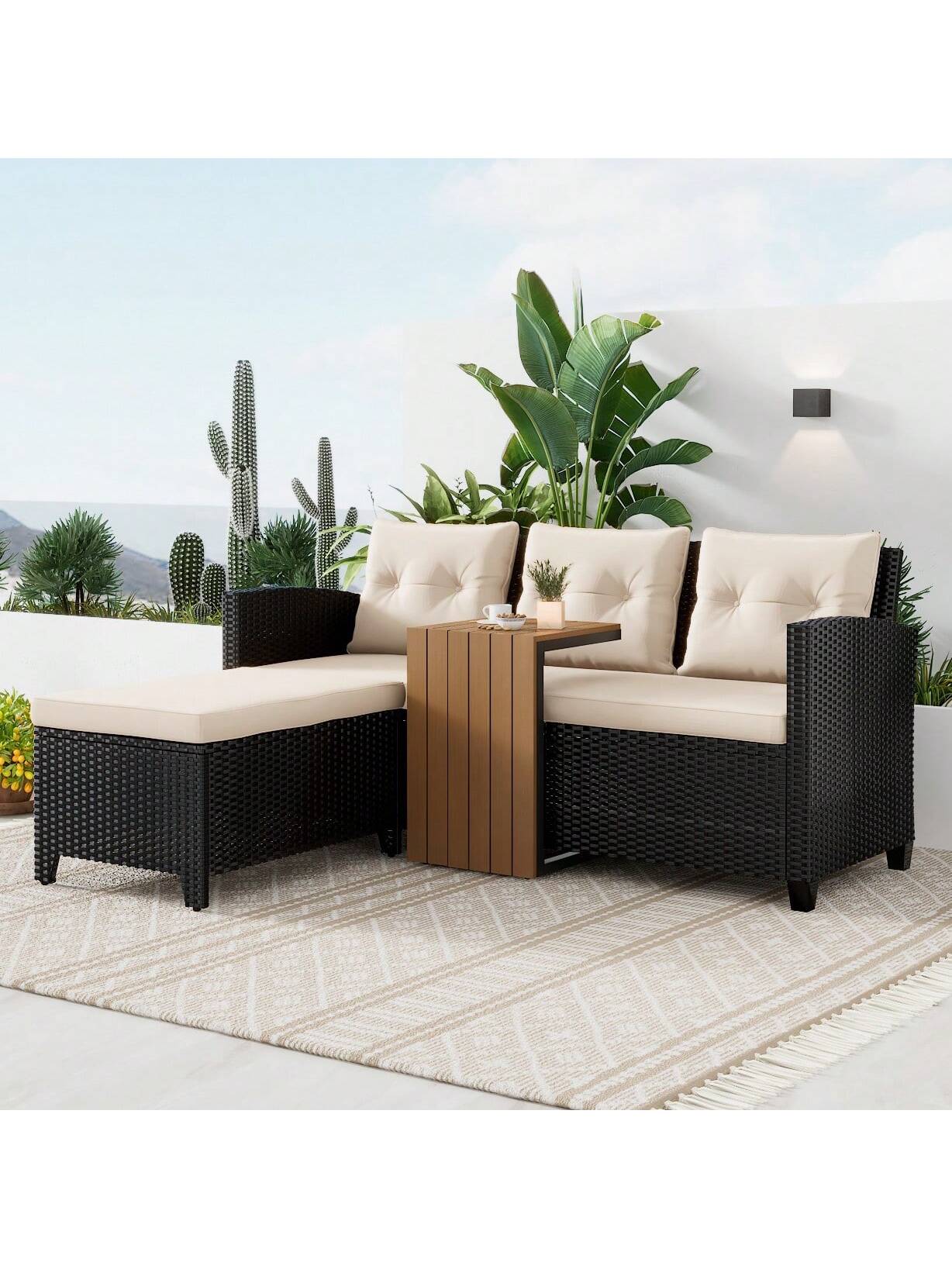 Patio Furniture Sectional Sofa Set – 3 Piece All Weather Black Resin Wicker Outdoor Conversation Set Beige Washable Cushions & Coffee Table | Garden | Backyard | Pool