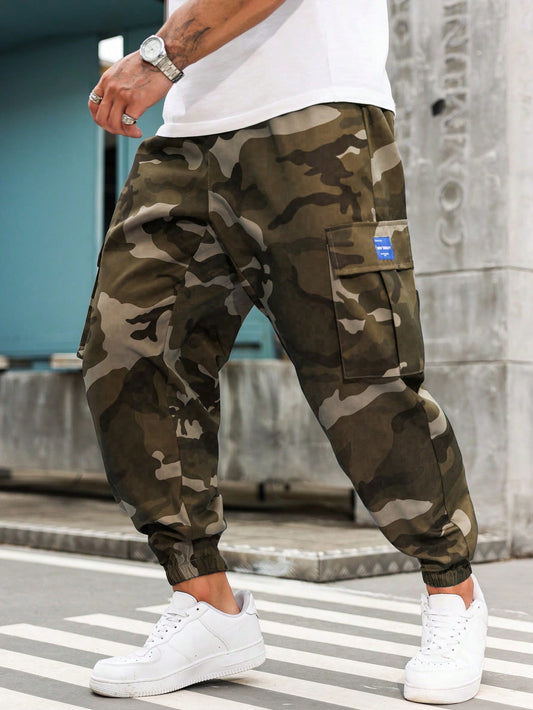 Manfinity LEGND Plus Size Camo Print Pockets Casual Drawstring Cargo Pants