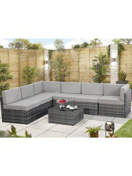 7 Piece Outdoor Patio Furniture Set, PE Rattan Outdoor Grey Wicker Furniture, Outdoor Sectional Furniture Chair Set With Cushions And Tea Table, Grey Rattan And Grey Cushion