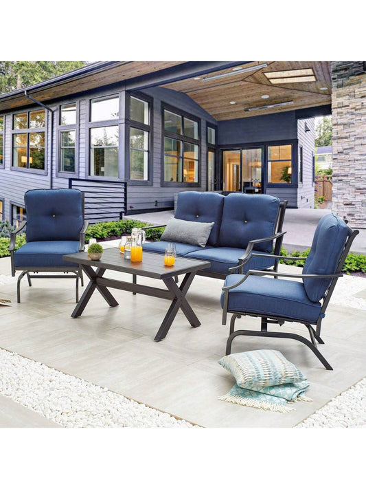 4 Pices Patio Furniture Conversation Set,Metal Outdoor Furniture Set W/All Weather Cushioned Loveseat,Poolside Lawn Chairs,Coffee Table