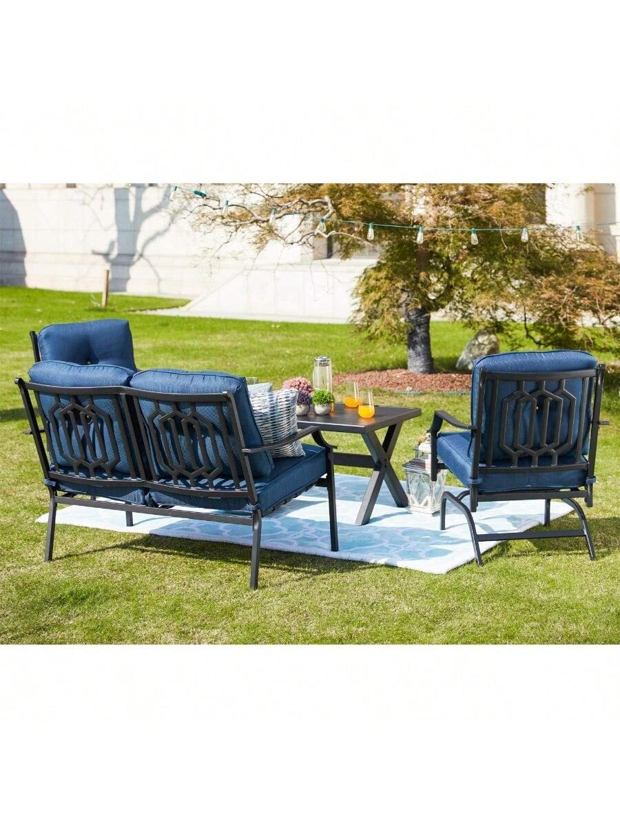 4 Pices Patio Furniture Conversation Set,Metal Outdoor Furniture Set W/All Weather Cushioned Loveseat,Poolside Lawn Chairs,Coffee Table