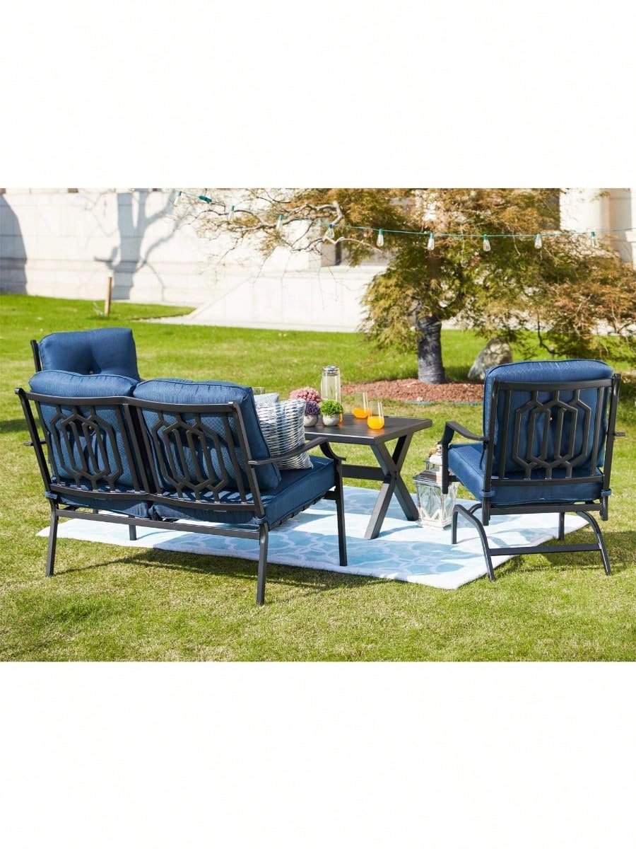 4 Pices Patio Furniture Conversation Set,Metal Outdoor Furniture Set W/All Weather Cushioned Loveseat,Poolside Lawn Chairs,Coffee Table