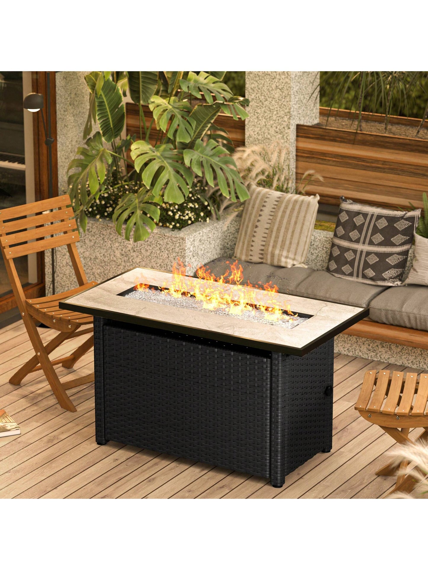 30" Propane Fire Table With Lid & Lava Rock, 50,000 BTU Fire Pit Table With Durable Iron Design, CSA Certified Fire Table For Outdoor Dining, Patio, Garden, Or Backyard Gatherings