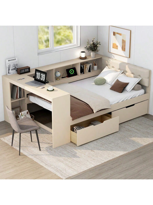 Wood Full Size Platform Bed With Storage Shelves Drawers Charging Station And Upholstered Headboard Cream