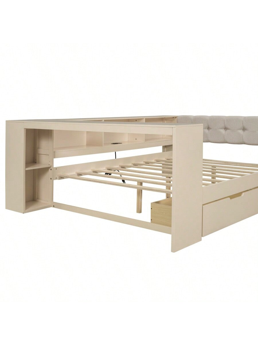 Wood Full Size Platform Bed With Storage Shelves Drawers Charging Station And Upholstered Headboard Cream