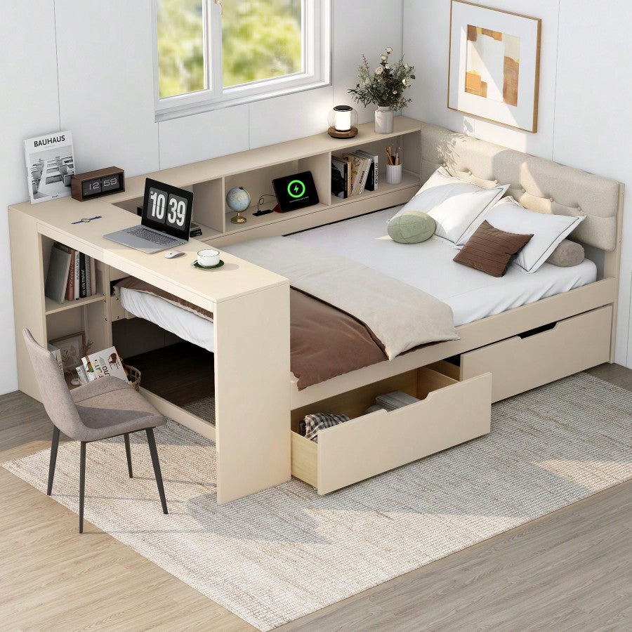 Wood Full Size Platform Bed With Storage Shelves Drawers Charging Station And Upholstered Headboard Cream