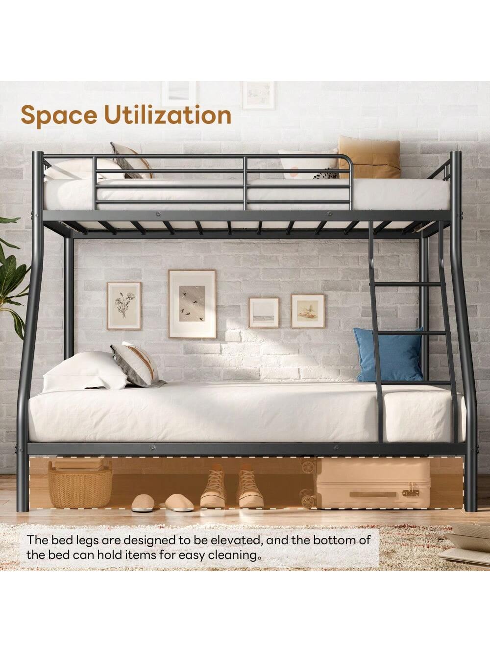 Twin Over Full Metal Bunk Bed With Integrated Ladder And Guardrails, Durable And Safe