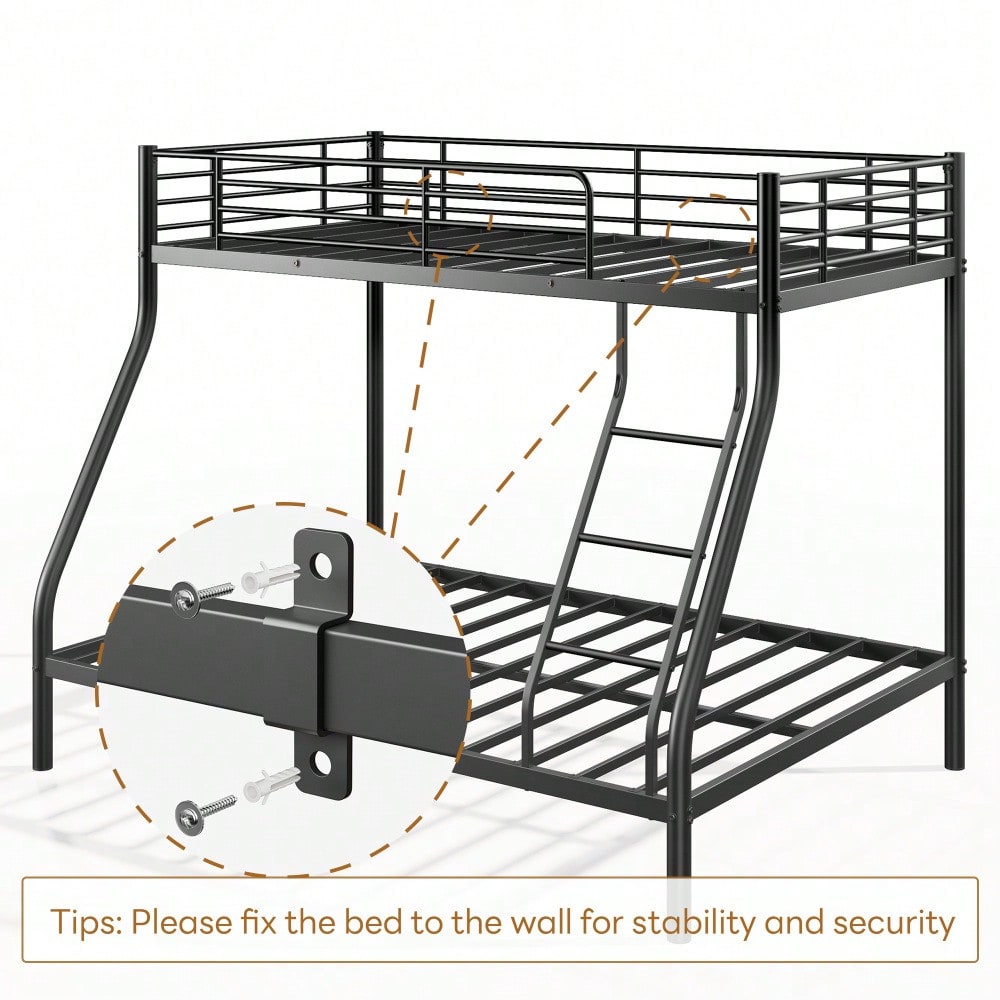 Twin Over Full Metal Bunk Bed With Integrated Ladder And Guardrails, Durable And Safe