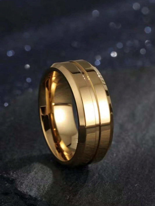 1pc 18K Gold Plated Stainless Steel Minimalist Vintage Concave Line Men's Ring, Cool Fashion Accessory, Thanksgiving, Christmas, Valentine's Day, Holiday Gift, Daily Wear