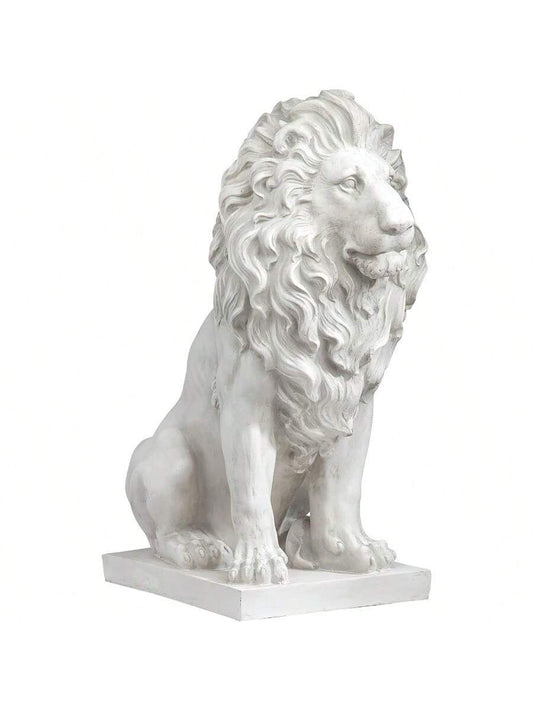 Lion Of Sentinel Statue, Handcast Polyresin, Antique Stone Finish, 13 Inches Wide, 21 Inches Deep, 28 Inches High