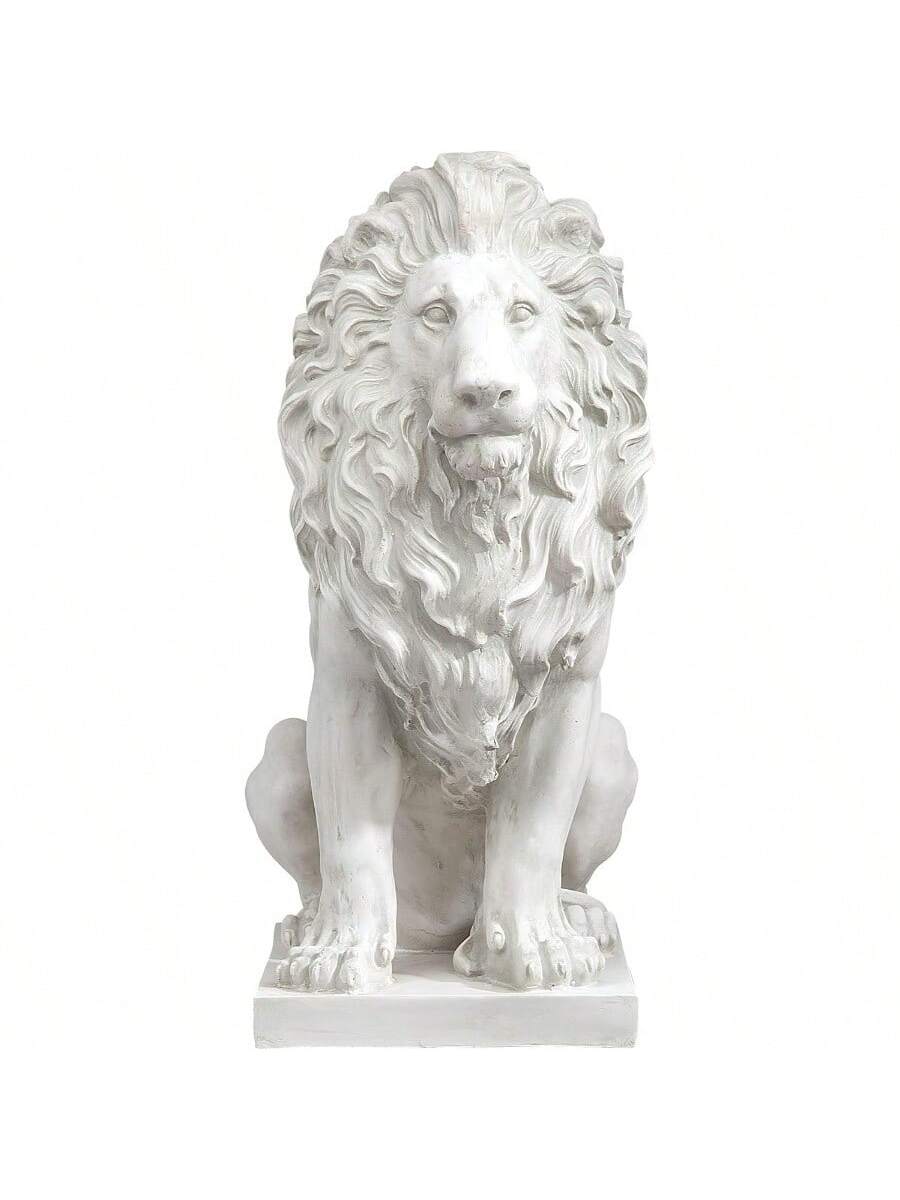 Lion Of Sentinel Statue, Handcast Polyresin, Antique Stone Finish, 13 Inches Wide, 21 Inches Deep, 28 Inches High