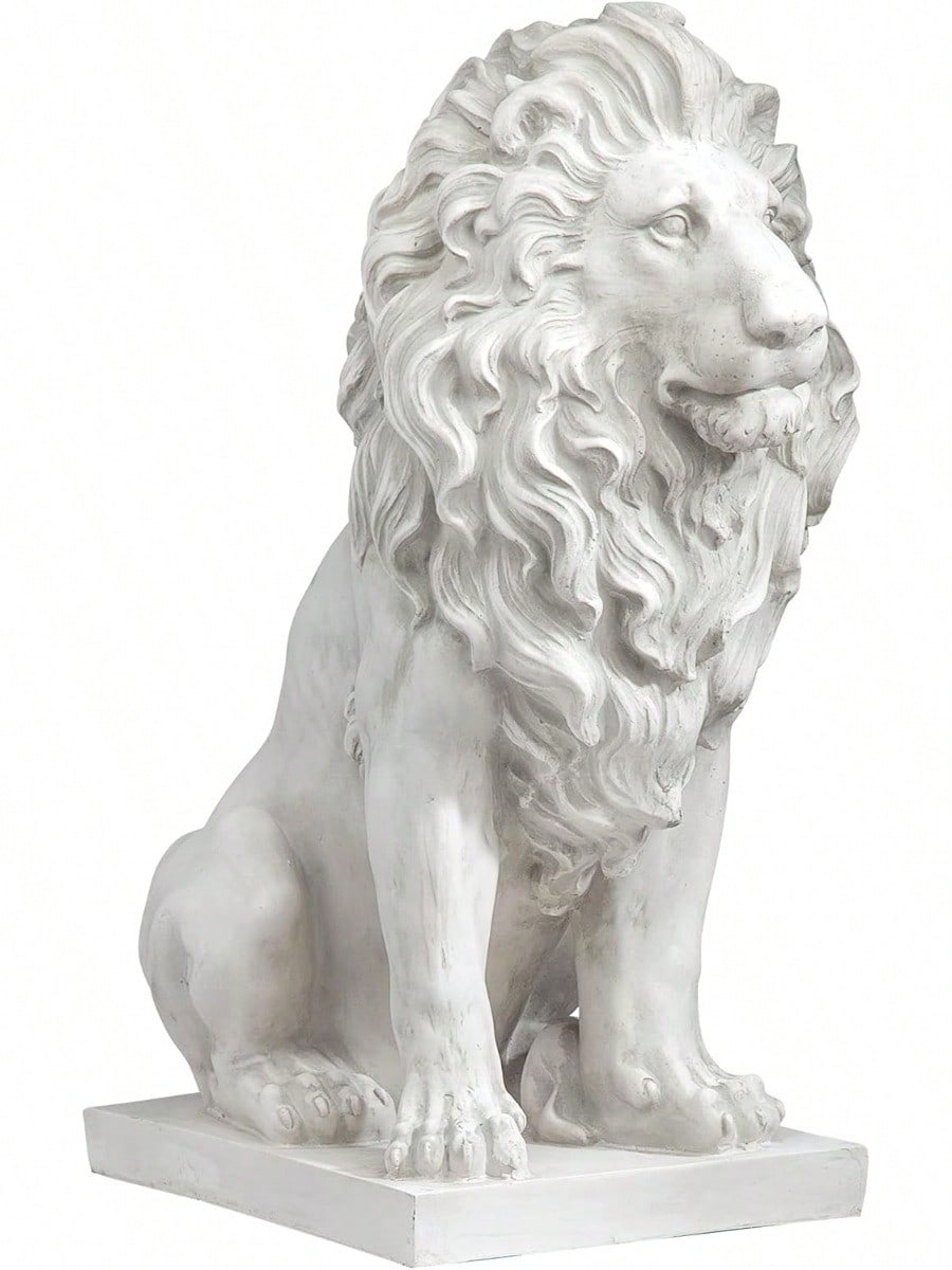 Lion Of Sentinel Statue, Handcast Polyresin, Antique Stone Finish, 13 Inches Wide, 21 Inches Deep, 28 Inches High