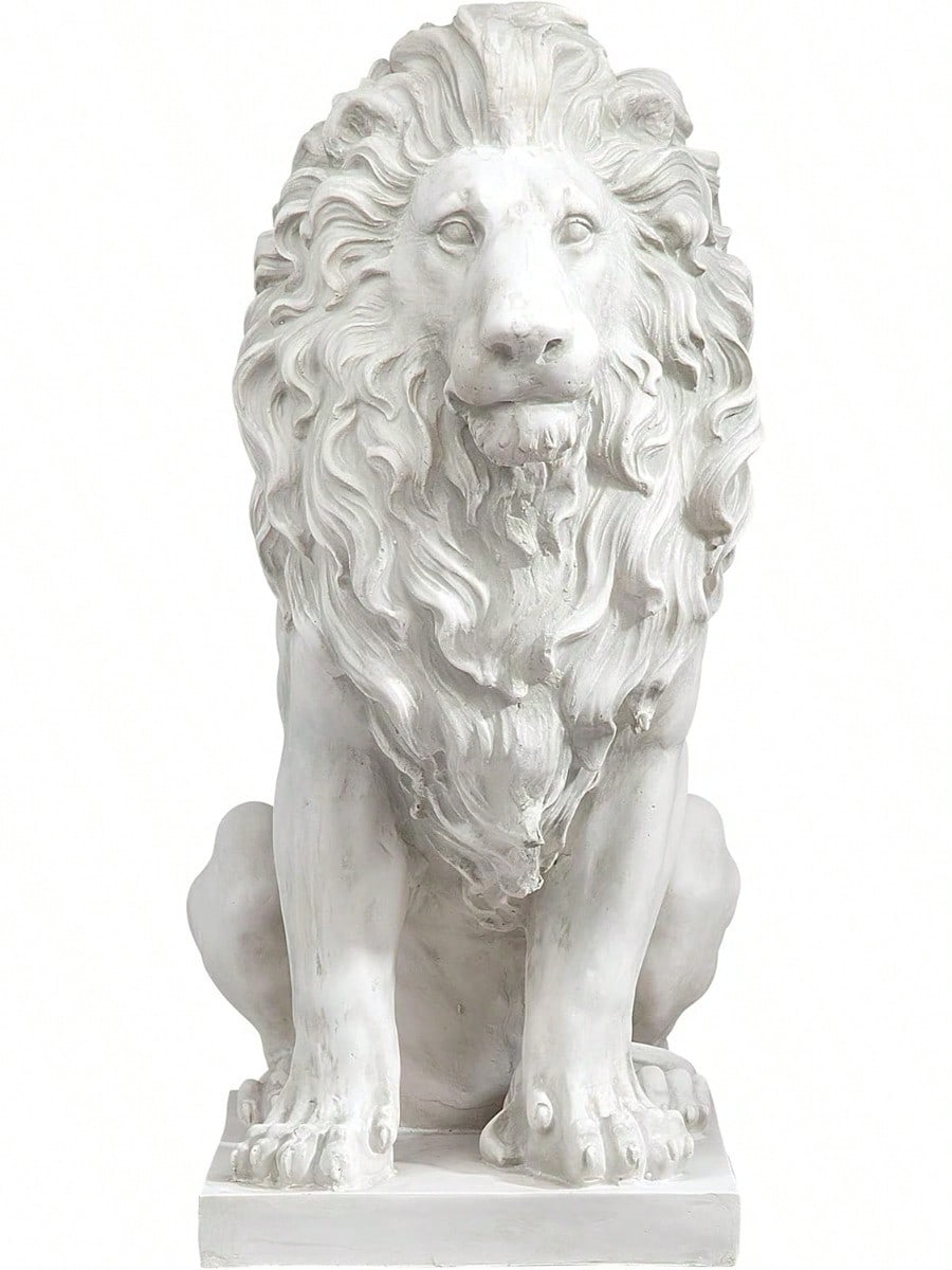 Lion Of Sentinel Statue, Handcast Polyresin, Antique Stone Finish, 13 Inches Wide, 21 Inches Deep, 28 Inches High