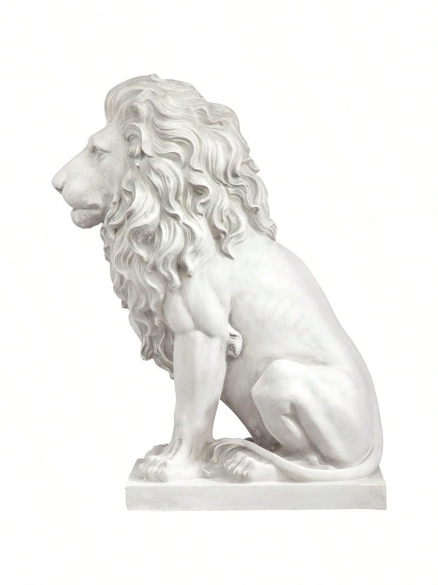 Lion Of Sentinel Statue, Handcast Polyresin, Antique Stone Finish, 13 Inches Wide, 21 Inches Deep, 28 Inches High