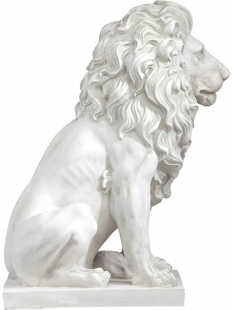 Lion Of Sentinel Statue, Handcast Polyresin, Antique Stone Finish, 13 Inches Wide, 21 Inches Deep, 28 Inches High