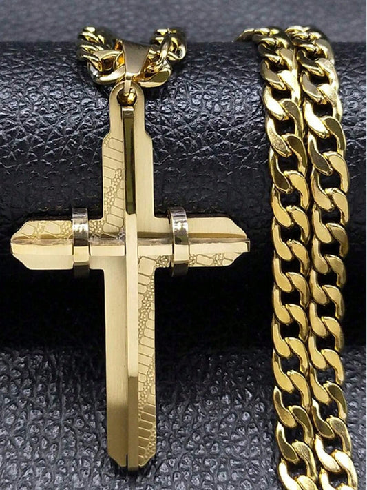 1pc Gold Stainless Steel Cross Pendant Necklace, Suitable For Men Daily Wear