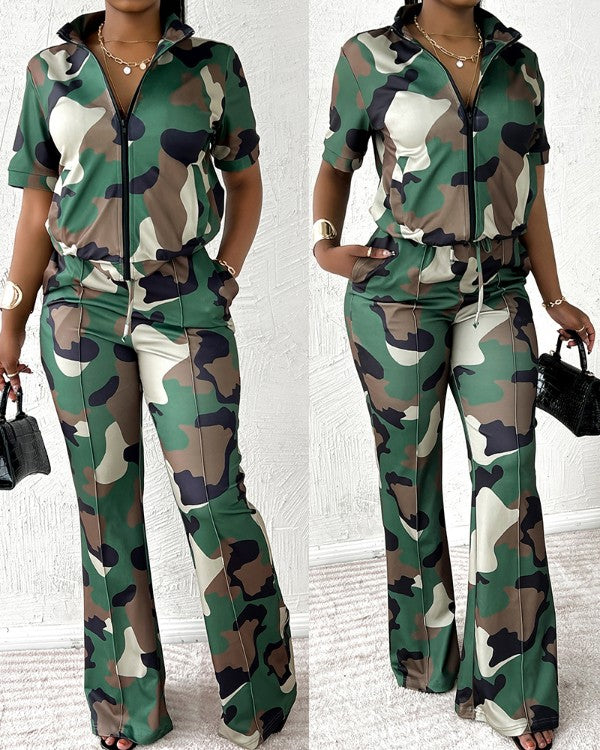 Camouflage Print Zip Up Top & Drawstring Pants Set