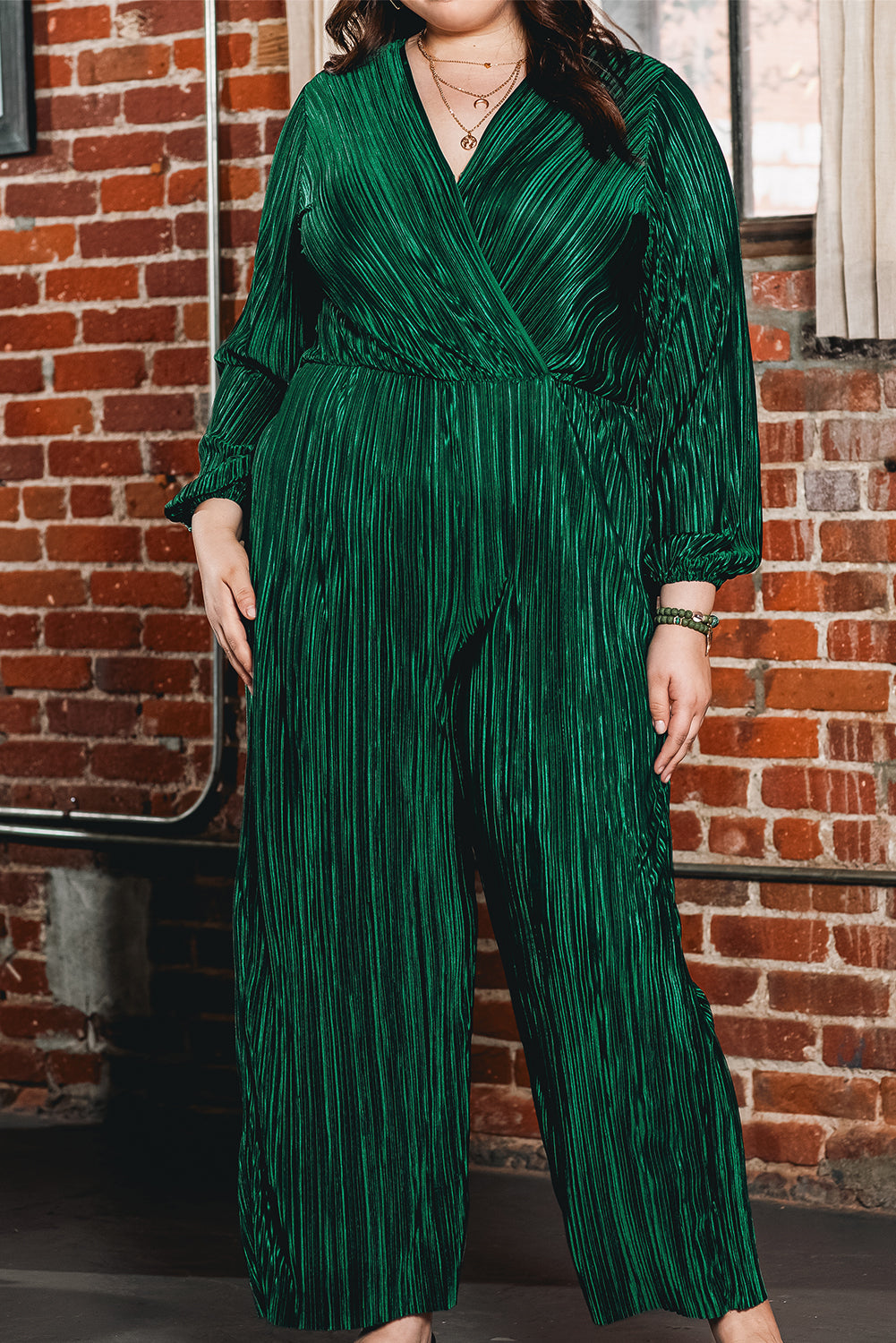 Dark Green Plus Size Pleated Satin Belted V Neck Jumpsuit