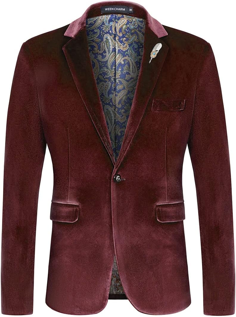 WEEN CHARM Velvet Blazer for Men Slim Fit One Button Sport Coat Tuxedo Jacket for Prom Wedding Party Dinner