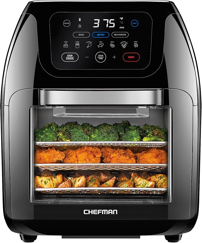 CHEFMAN Multifunctional Digital Air Fryer+ Rotisserie, Dehydrator, Convection Oven, 17 Touch Screen Presets Fry, Roast, Dehydrate, Bake, XL 10L Family Size, Auto Shutoff, Large Easy-View Window, Black