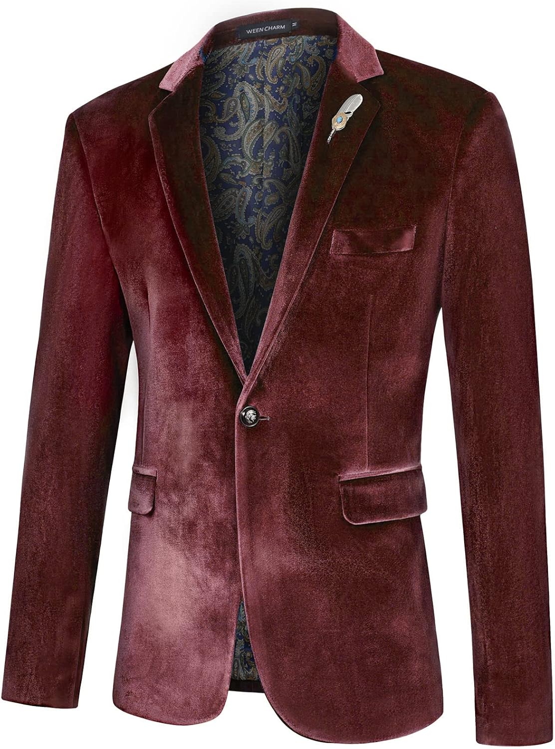 WEEN CHARM Velvet Blazer for Men Slim Fit One Button Sport Coat Tuxedo Jacket for Prom Wedding Party Dinner