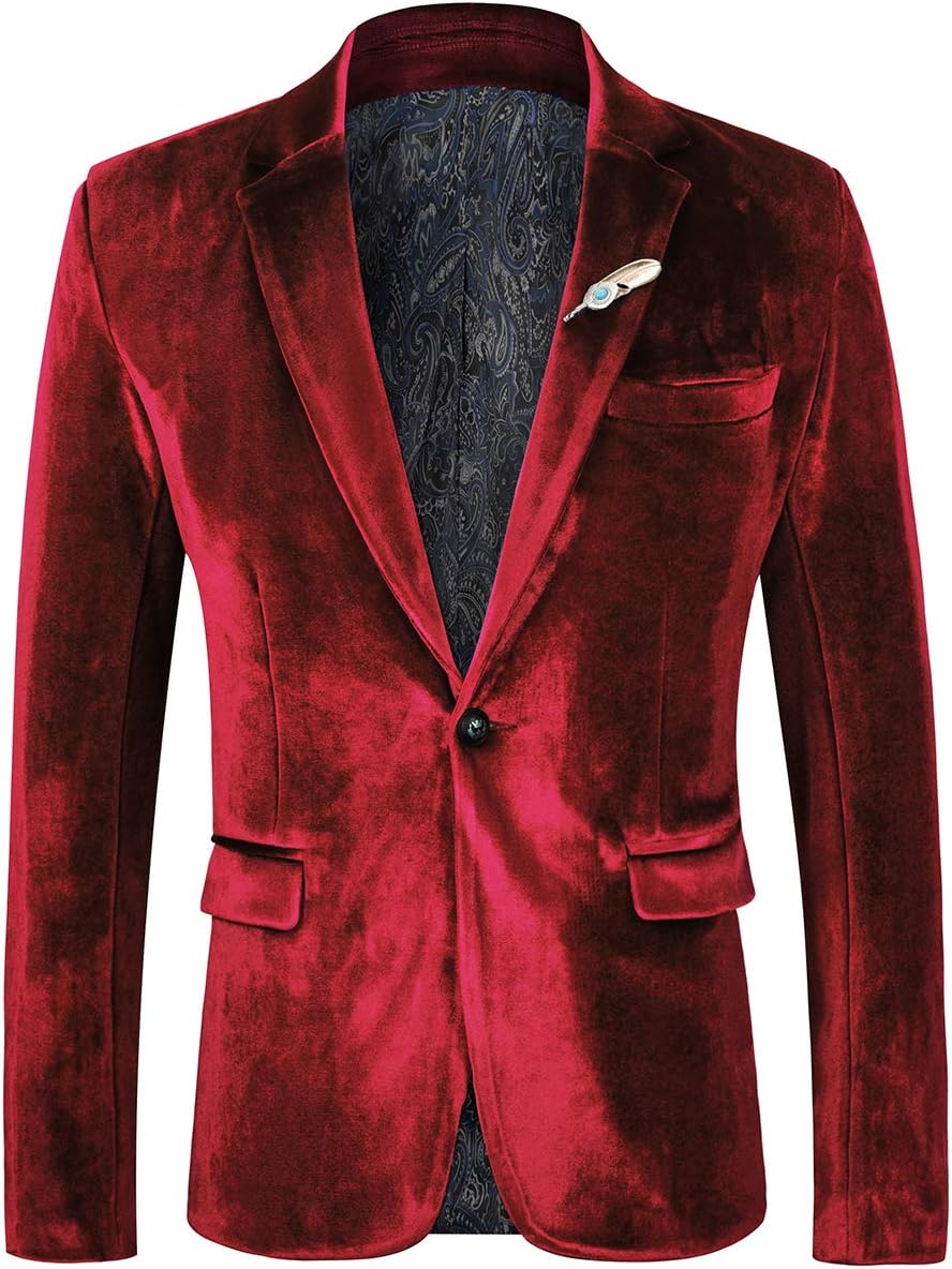 WEEN CHARM Velvet Blazer for Men Slim Fit One Button Sport Coat Tuxedo Jacket for Prom Wedding Party Dinner