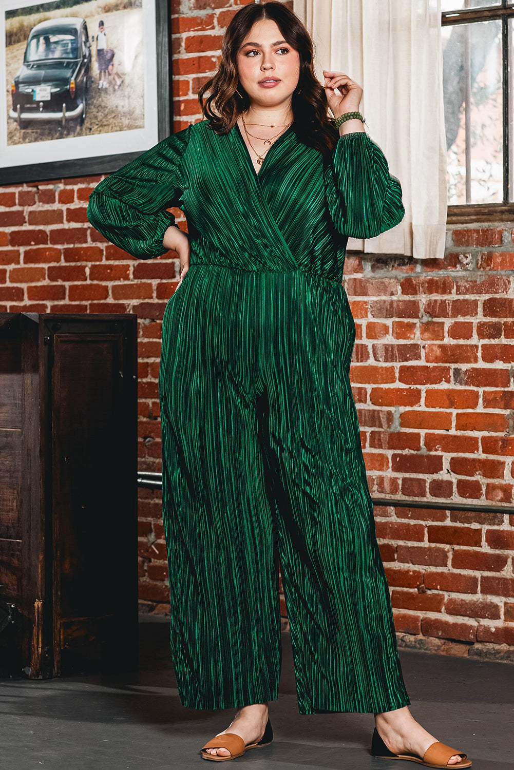 Dark Green Plus Size Pleated Satin Belted V Neck Jumpsuit